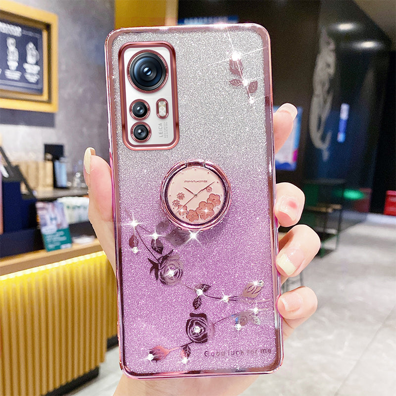 For Xiaomi 12X 5G 12 5G 12S 5G Gradient Glitter Phone Case Flower Pattern Rhinestone Decor Ring Kickstand Anti-scratch TPU Phone Back Cover For Xiaomi 12X 5G 12 5G 12S 5G Gradient Glitter Phone Case Flower Pattern Rhinestone Decor Ring Kickstand Anti-scratch TPU Phone Back Cover